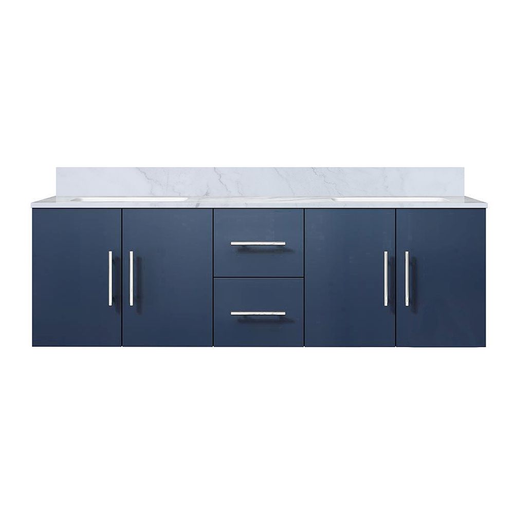 Geneva 60 in. W x 22 in. D Navy Blue Double Bath Vanity and Carrara Marble Top