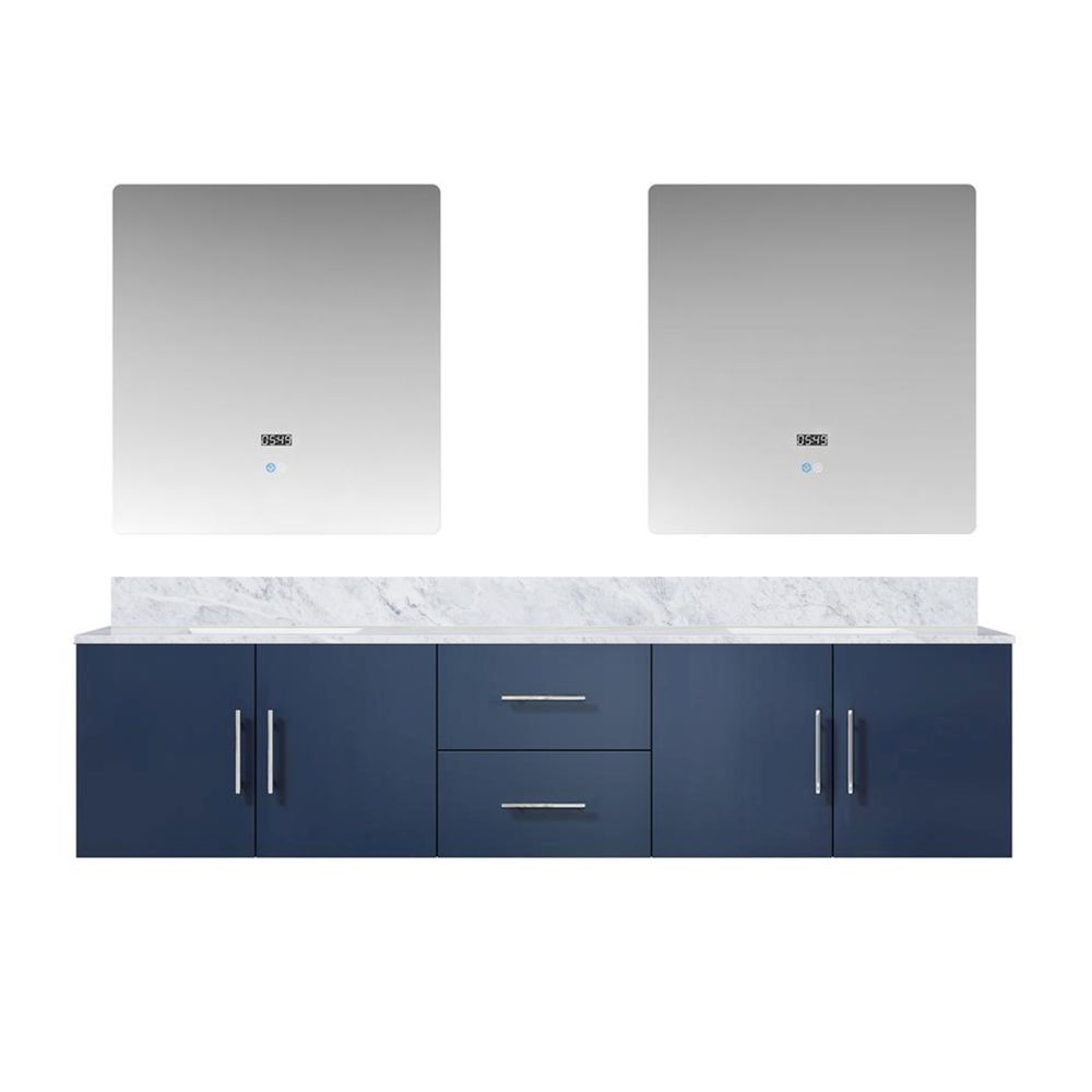 Geneva 80 in. W x 22 in. D Navy Blue Double Bath Vanity, Carrara Marble Top, and 30 in. LED Mirrors