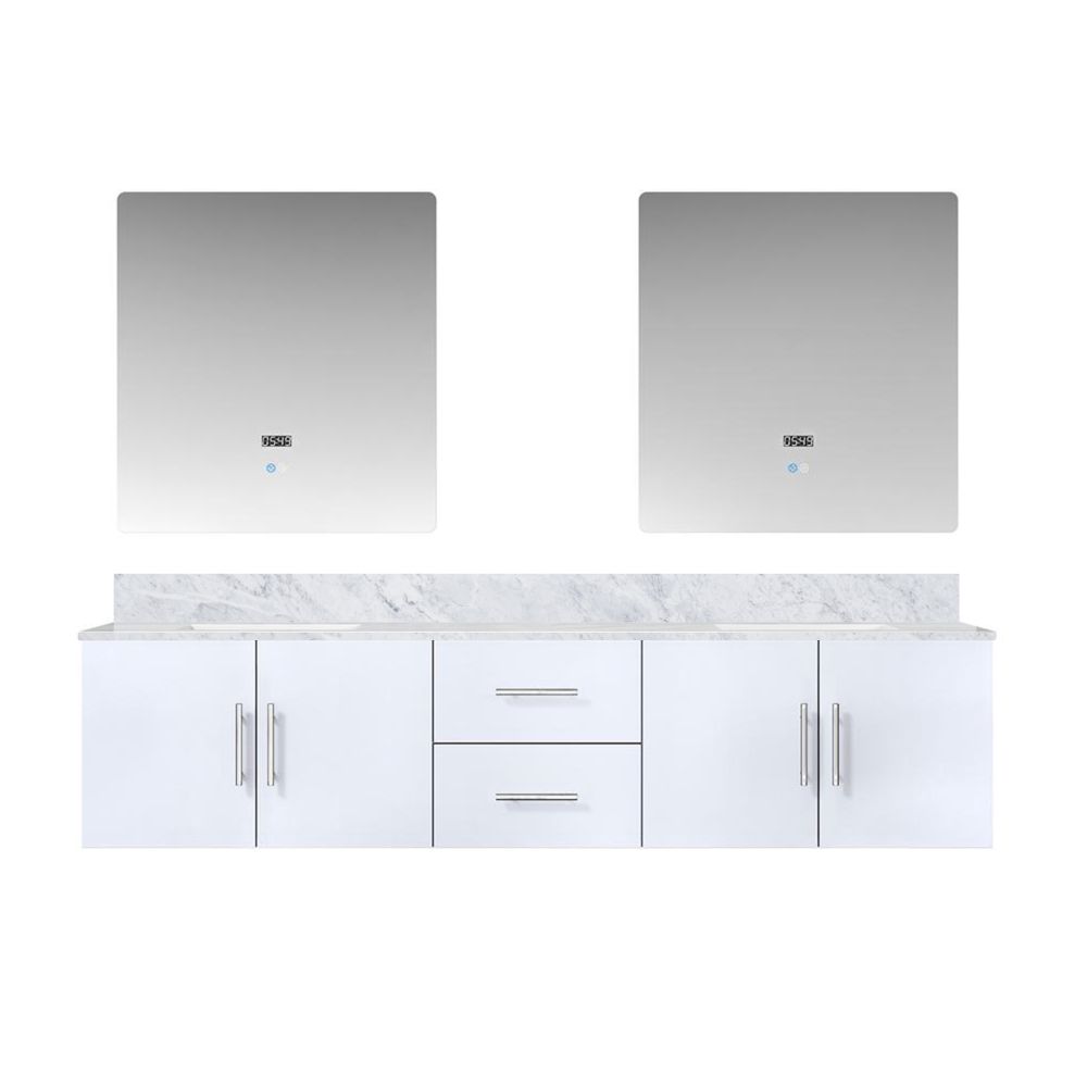 Geneva 80 in. W x 22 in. D Glossy White Double Bath Vanity, Carrara Marble Top, and 30 in. LED Mirrors