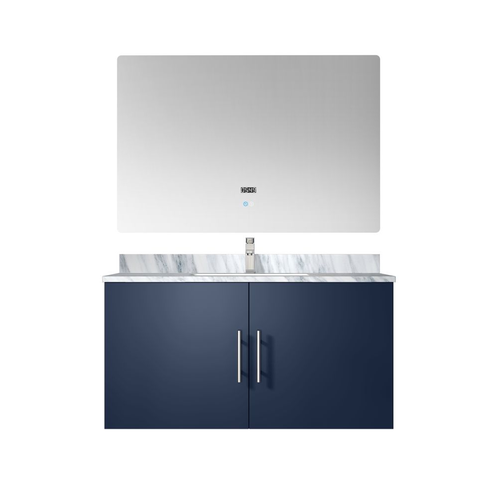 Geneva 36 in. W x 22 in. D Navy Blue Bath Vanity, Carrara Marble Top, Faucet Set, and 36 in. LED Mirror
