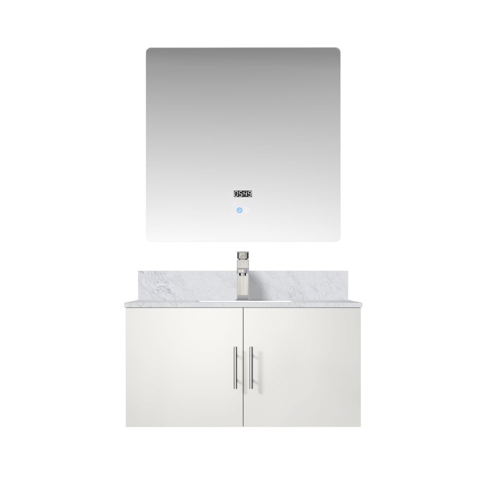 Geneva 36 in. W x 22 in. D Glossy White Bath Vanity, Carrara Marble Top, Faucet Set, and 36 in. LED Mirror