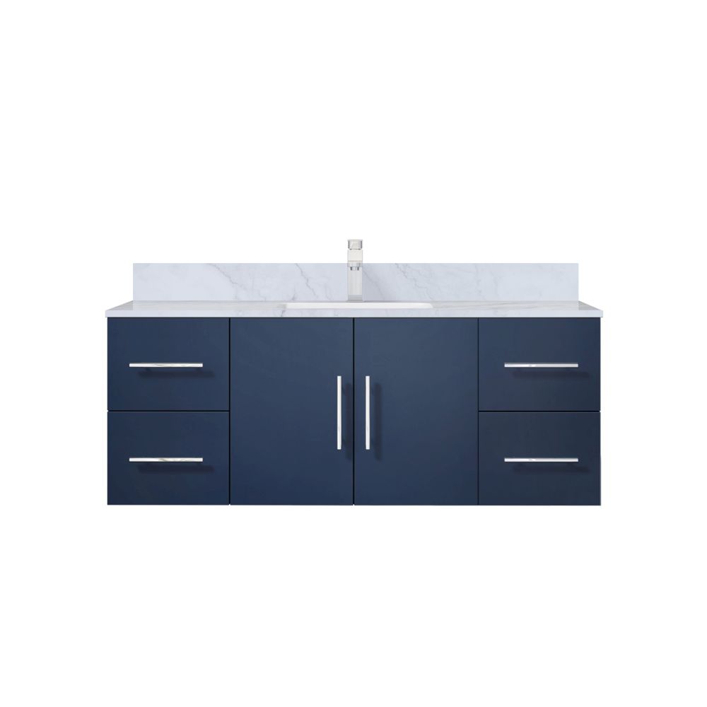 Geneva 48 in. W x 22 in. D Navy Blue Bath Vanity, Carrara Marble Top, and Faucet Set