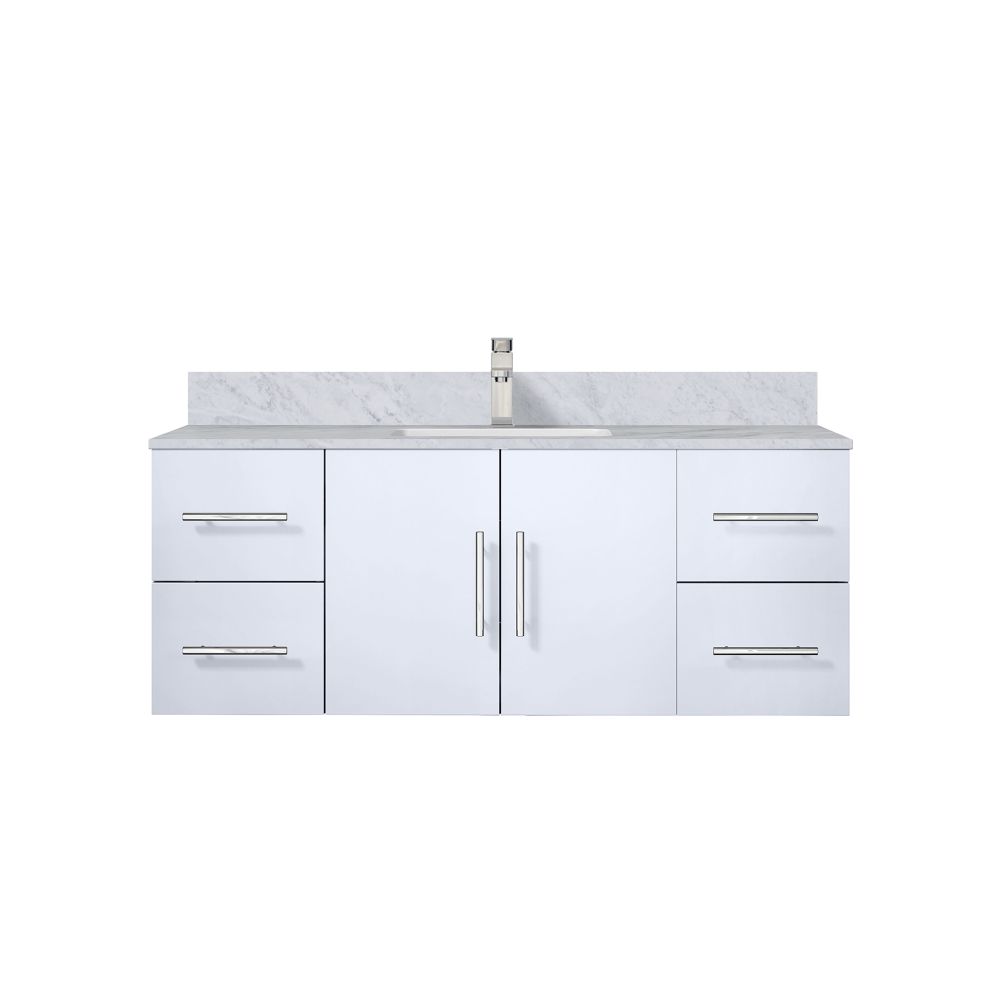 Geneva 48 in. W x 22 in. D Glossy White Bath Vanity, Carrara Marble Top, and Faucet Set