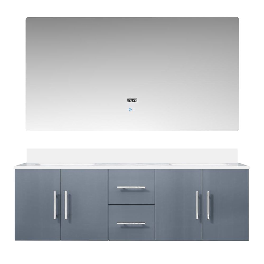 Geneva 60 in. W x 22 in. D Dark Grey Double Bath Vanity, White Quartz Top, and 60 in. LED Mirror