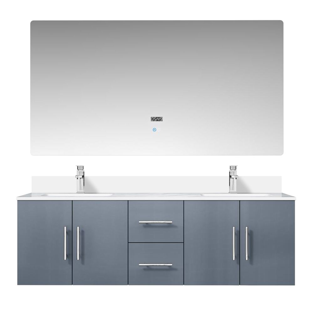 Geneva 60 in. W x 22 in. D Dark Grey Double Bath Vanity, Cultured Marble Top, Faucet Set, and 60 in. LED Mirror