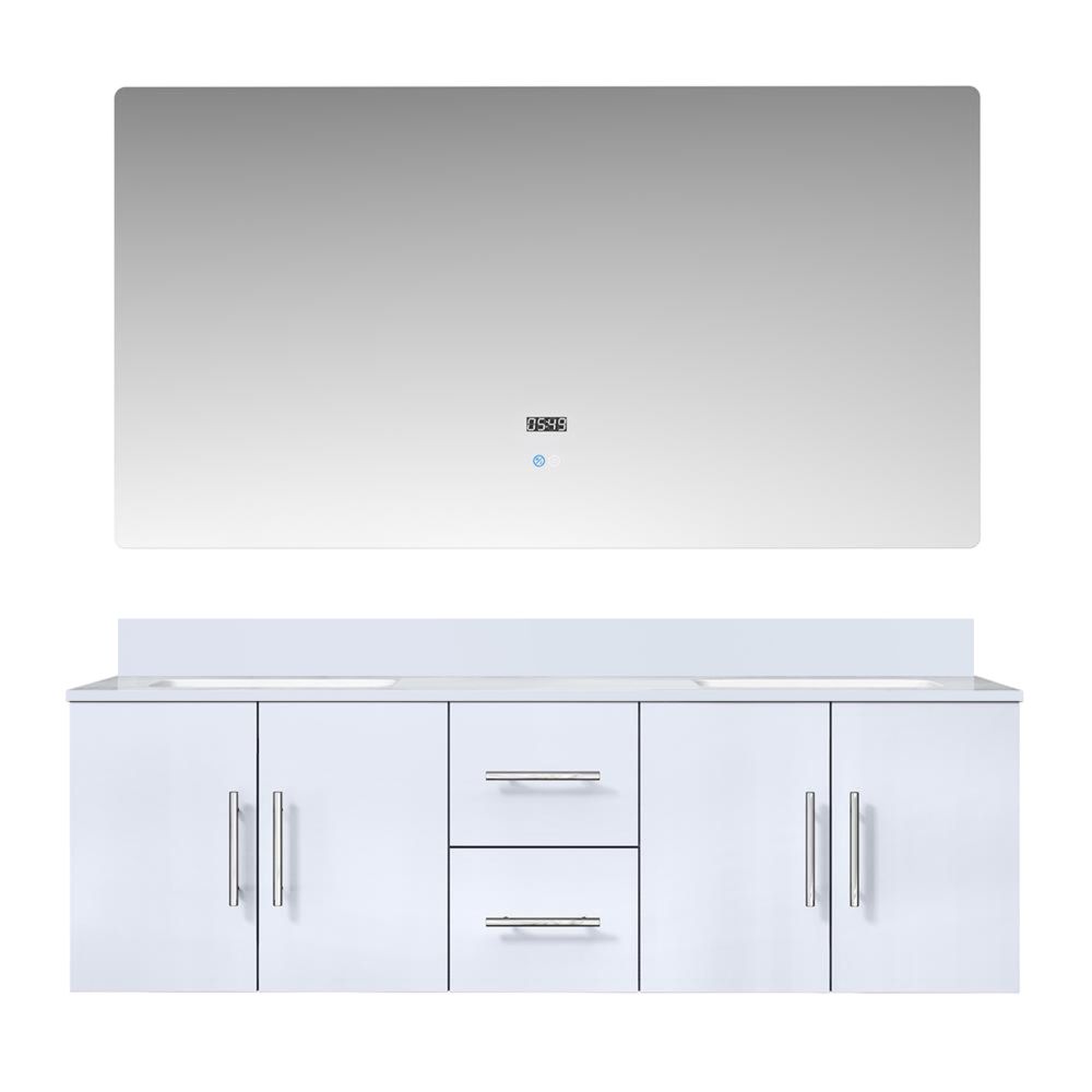 Geneva 60 in. W x 22 in. D Glossy White Double Bath Vanity, White Quartz Top, and 60 in. LED Mirror
