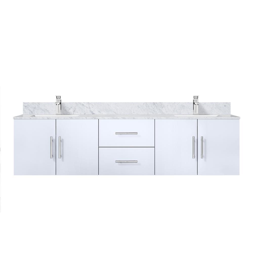 Geneva 72 in. W x 22 in. D Glossy White Double Bath Vanity, Carrara Marble Top, and Faucet Set