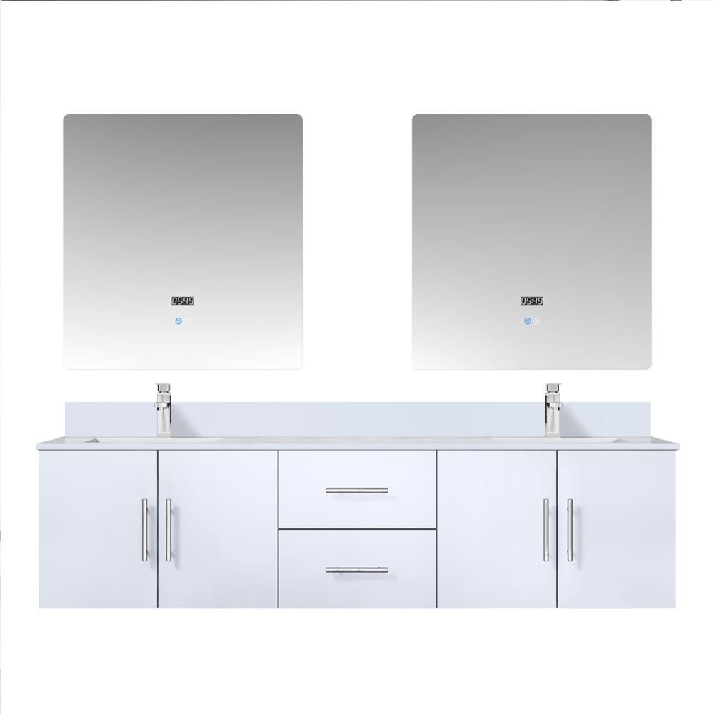 Geneva 72 in. W x 22 in. D Glossy White Double Bath Vanity, White Quartz Top, Faucet Set, and 30 in. LED Mirrors