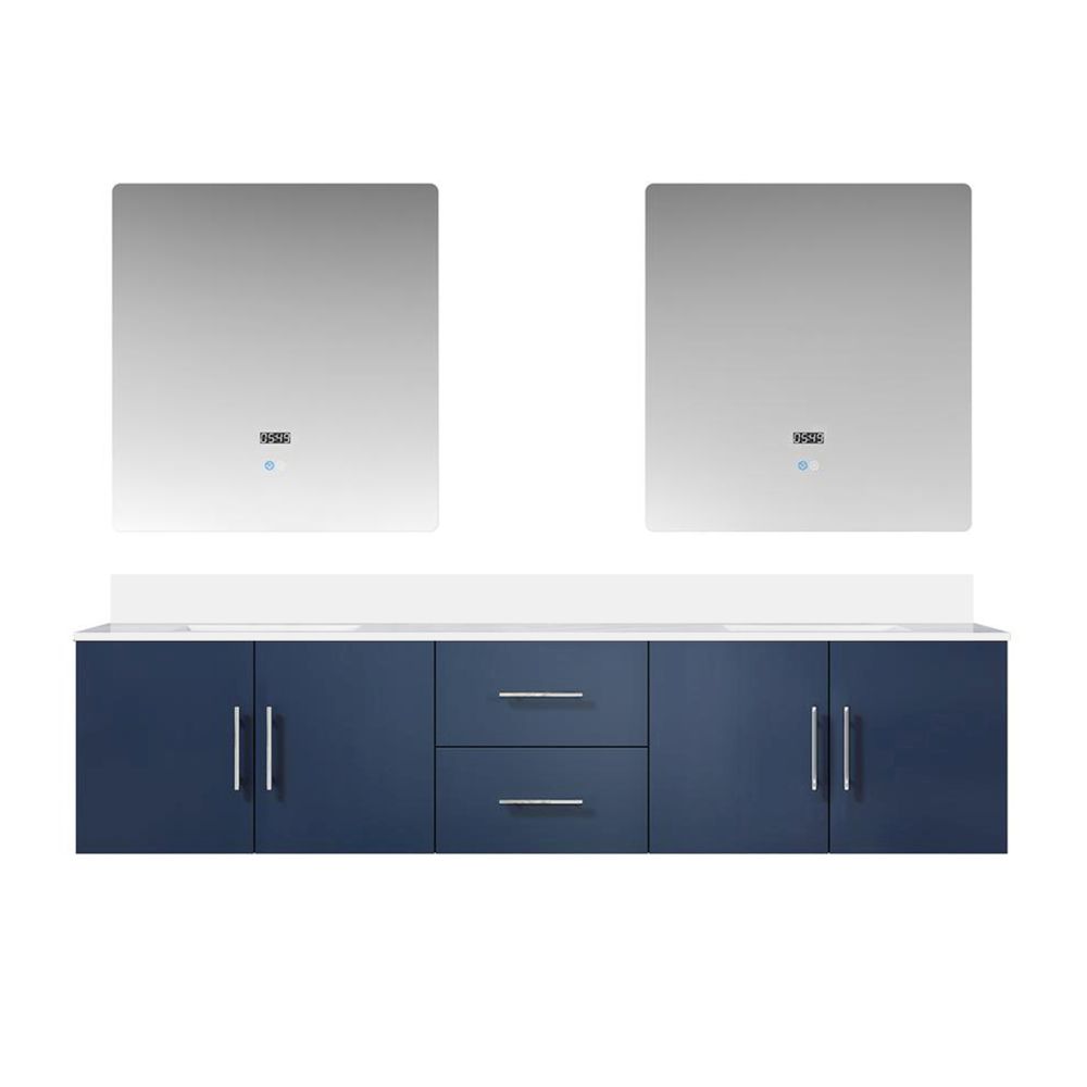 Geneva 80 in. W x 22 in. D Navy Blue Double Bath Vanity, White Quartz Top, and 30 in. LED Mirrors