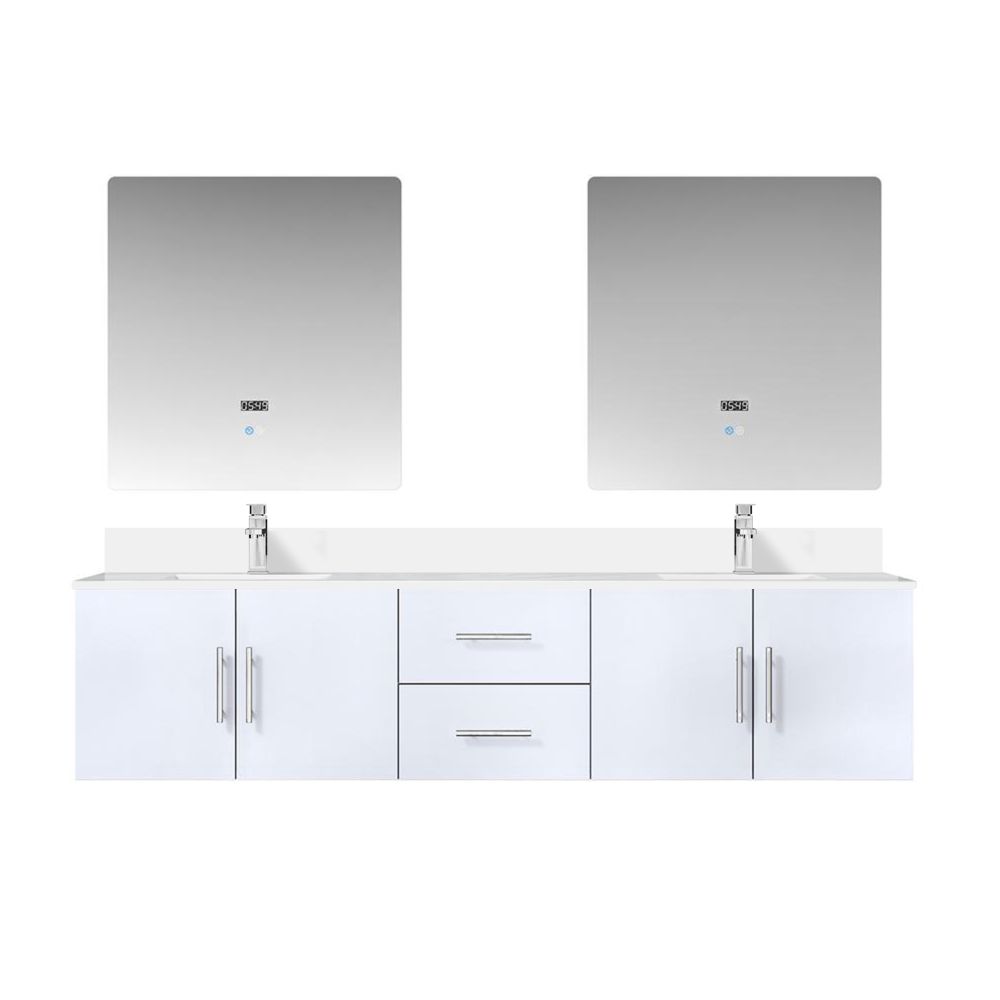 Geneva 80 in. W x 22 in. D Glossy White Double Bath Vanity, White Quartz Top, Faucet Set, and 30 in. LED Mirrors