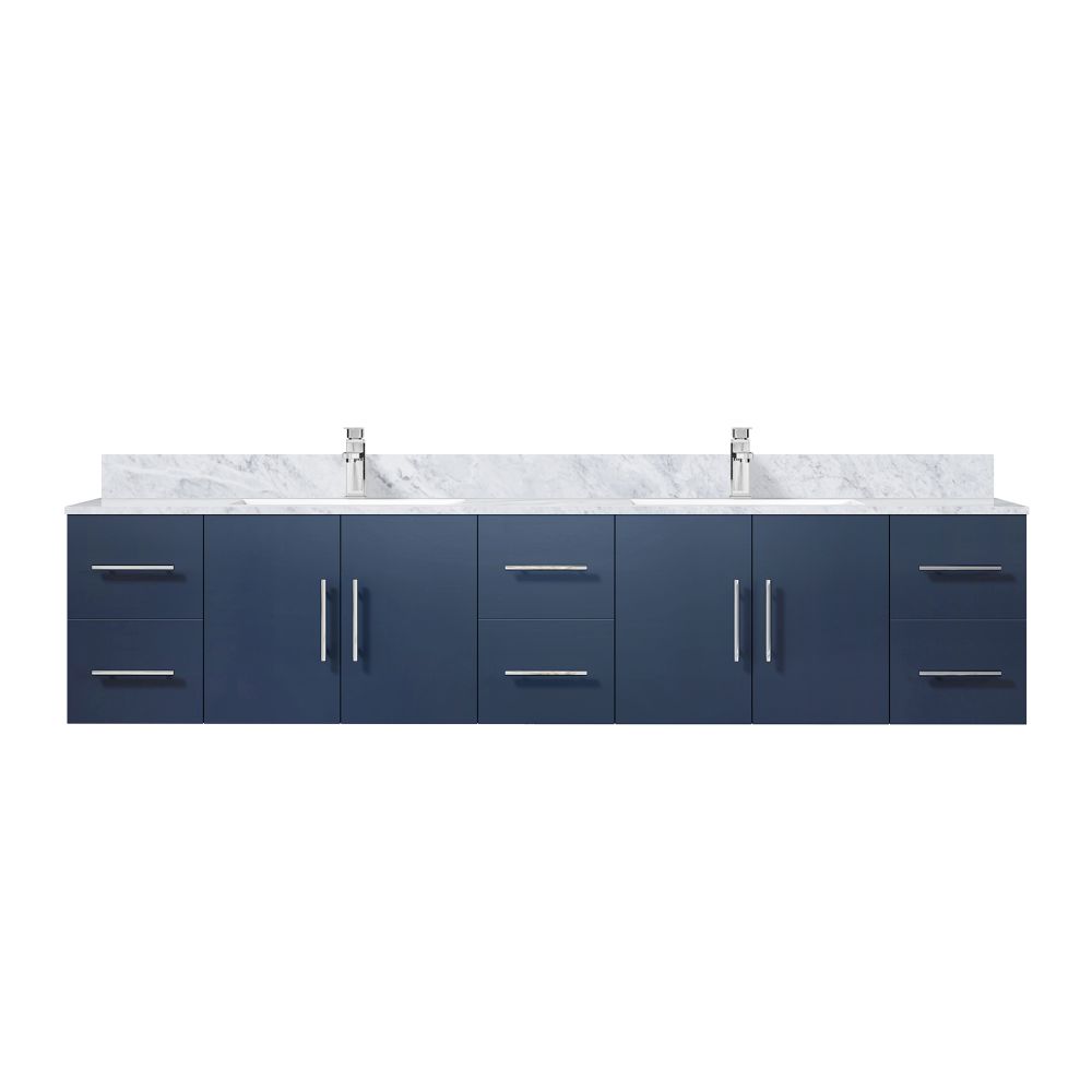 Geneva 84 in. W x 22 in. D Navy Blue Double Bath Vanity, Carrara Marble Top, and Faucet Set