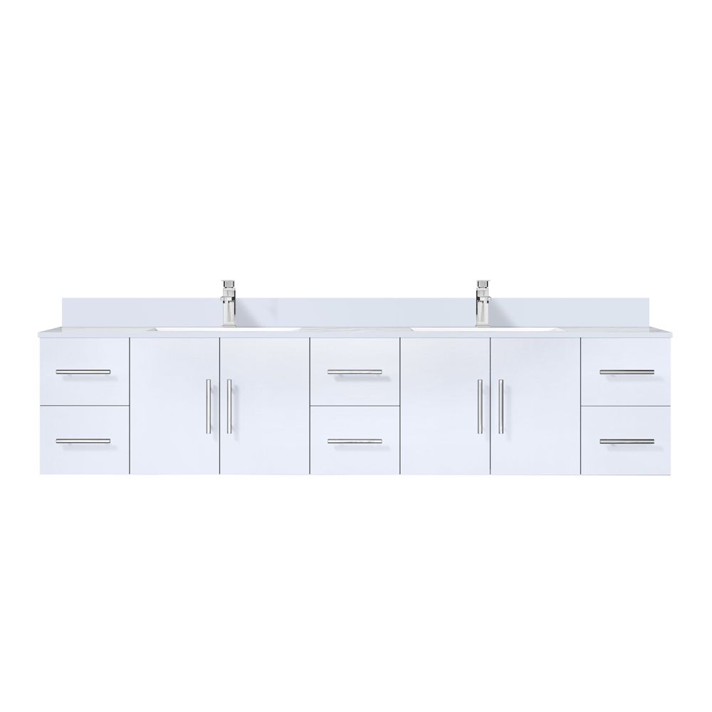Geneva 84 in. W x 22 in. D Glossy White Double Bath Vanity, White Quartz Top, and Faucet Set