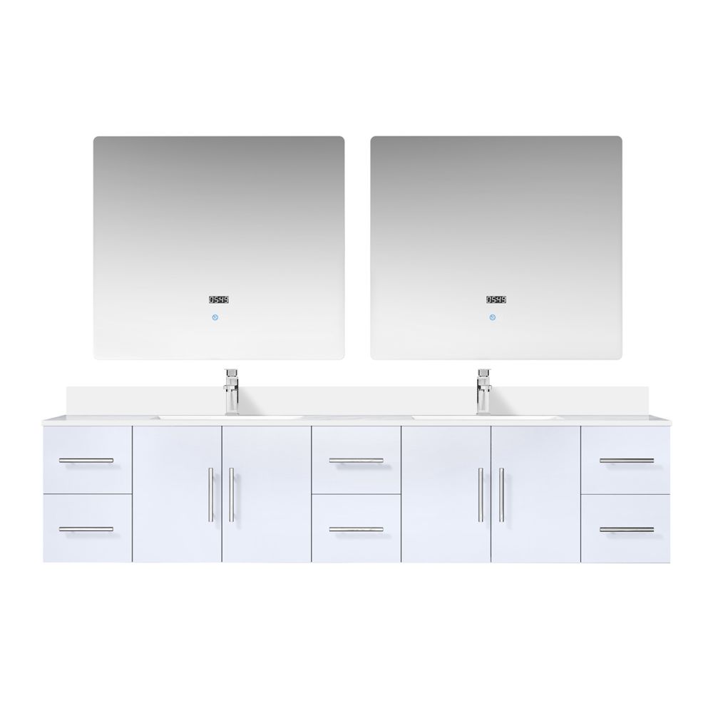 Geneva 84 in. W x 22 in. D Glossy White Double Bath Vanity, Cultured Marble Top, Faucet Set, and 36 in. LED Mirrors