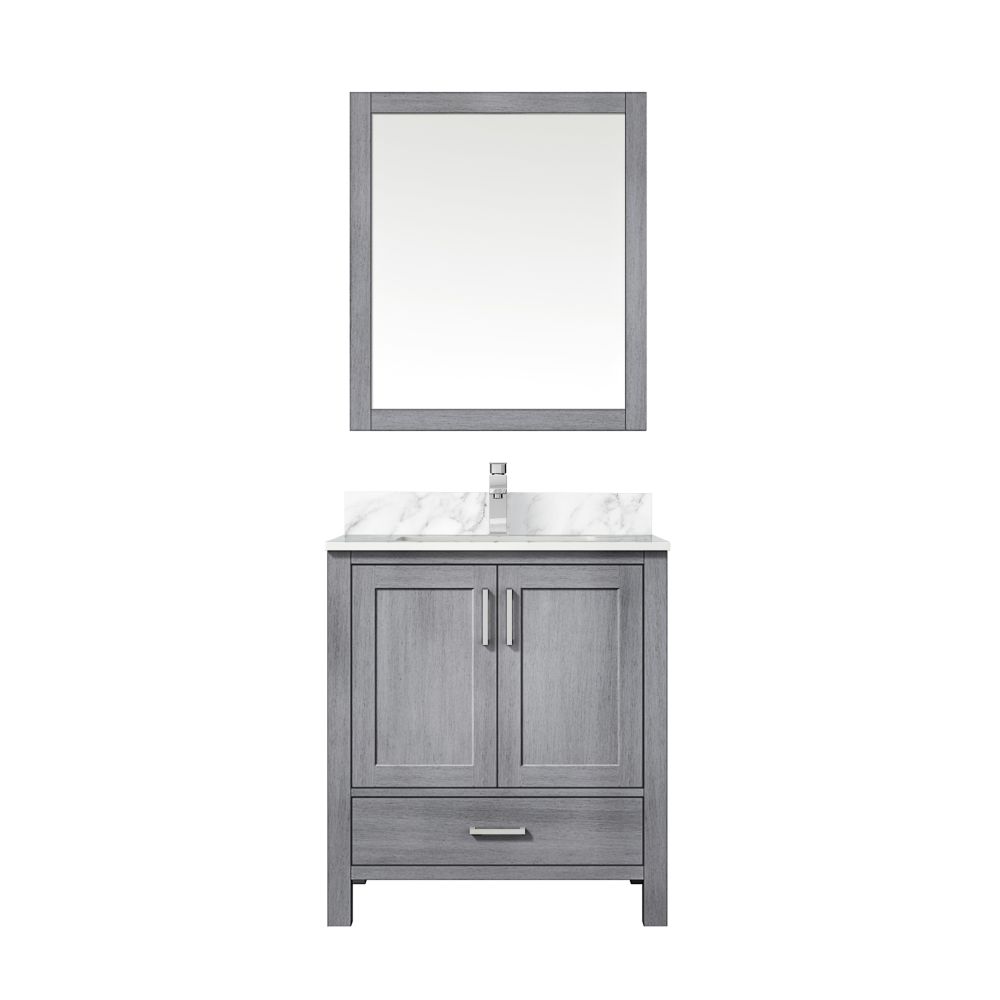 Jacques 30 in. W x 22 in. D Distressed Grey Bath Vanity, Carrara Marble Top, Faucet Set, and 28 in. Mirror
