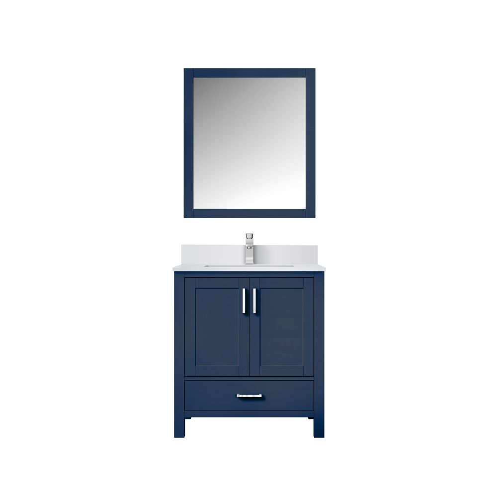 Jacques 30 in. W x 22 in. D Navy Blue Bath Vanity, White Quartz Top, Faucet Set, and 28 in. Mirror