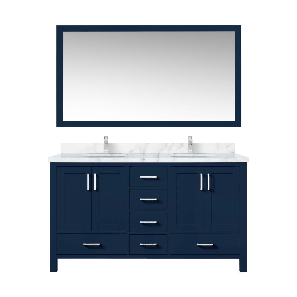 Jacques 60 in. W x 22 in. D Navy Blue Double Bath Vanity, Carrara Marble Top, Faucet Set, and 58 in. Mirror