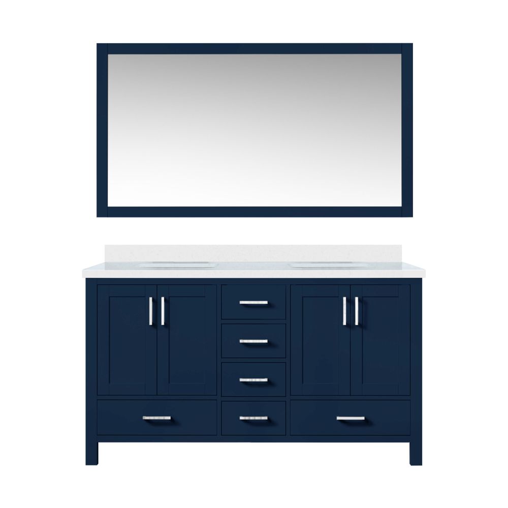 Jacques 60 in. W x 22 in. D Navy Blue Double Bath Vanity, White Quartz Top, and 58 in. Mirror