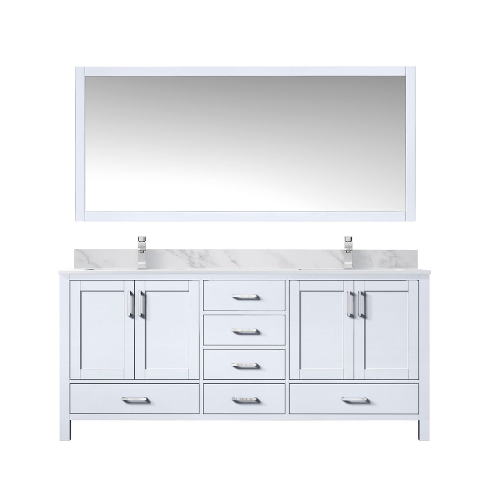 Jacques 72 in. W x 22 in. D White Double Bath Vanity, Carrara Marble Top, Faucet Set, and 28 in. Mirror
