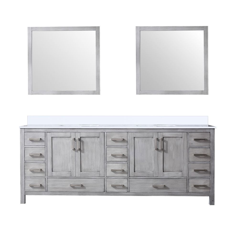 Jacques 84 in. W x 22 in. D Distressed Grey Double Bath Vanity, White Quartz Top, and 34 in. Mirrors