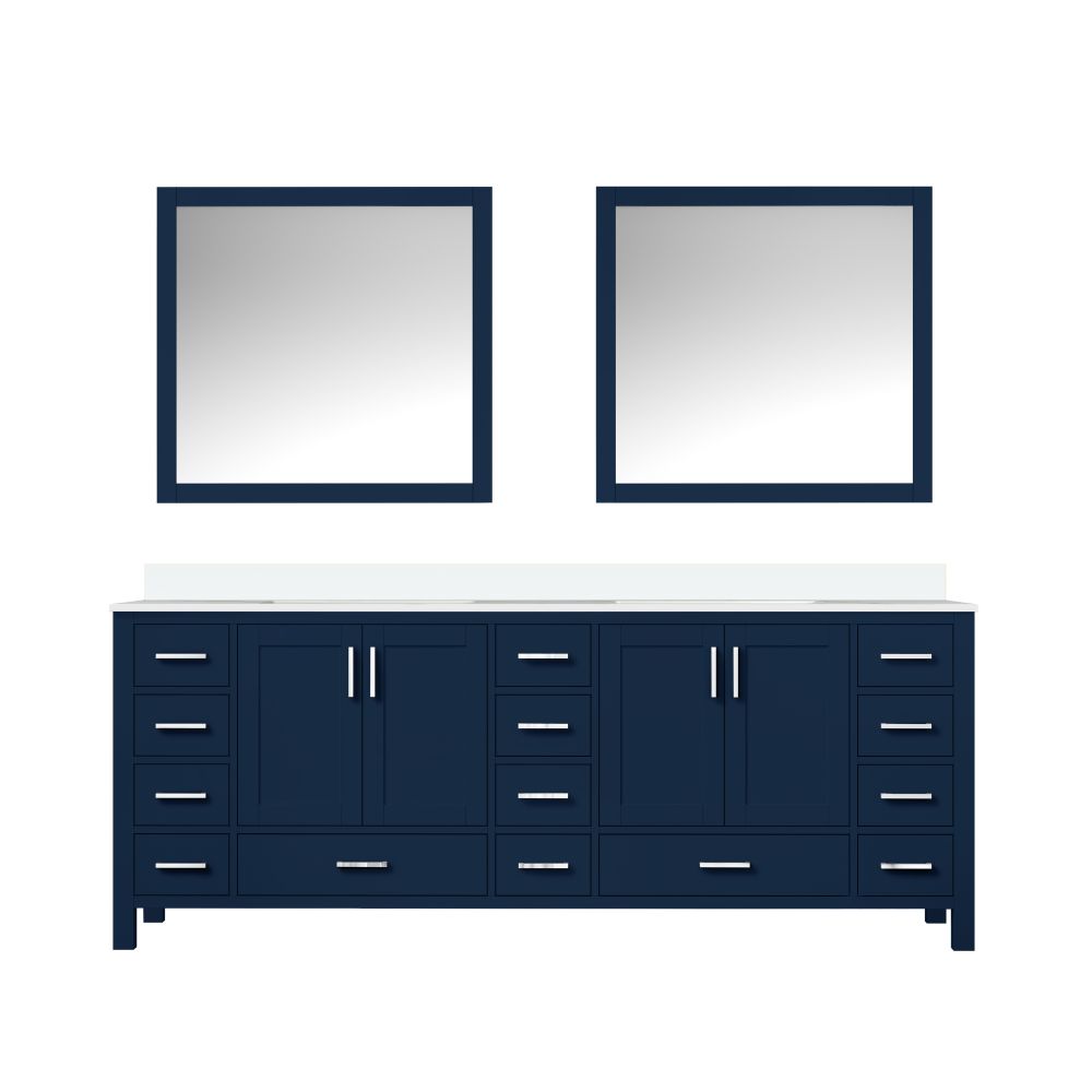 Jacques 84 in. W x 22 in. D Navy Blue Double Bath Vanity, White Quartz Top, and 34 in. Mirrors