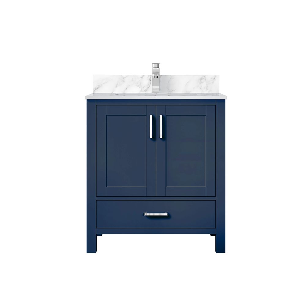 Jacques 30 in. W x 22 in. D Navy Blue Bath Vanity, Carrara Marble Top, and Faucet Set