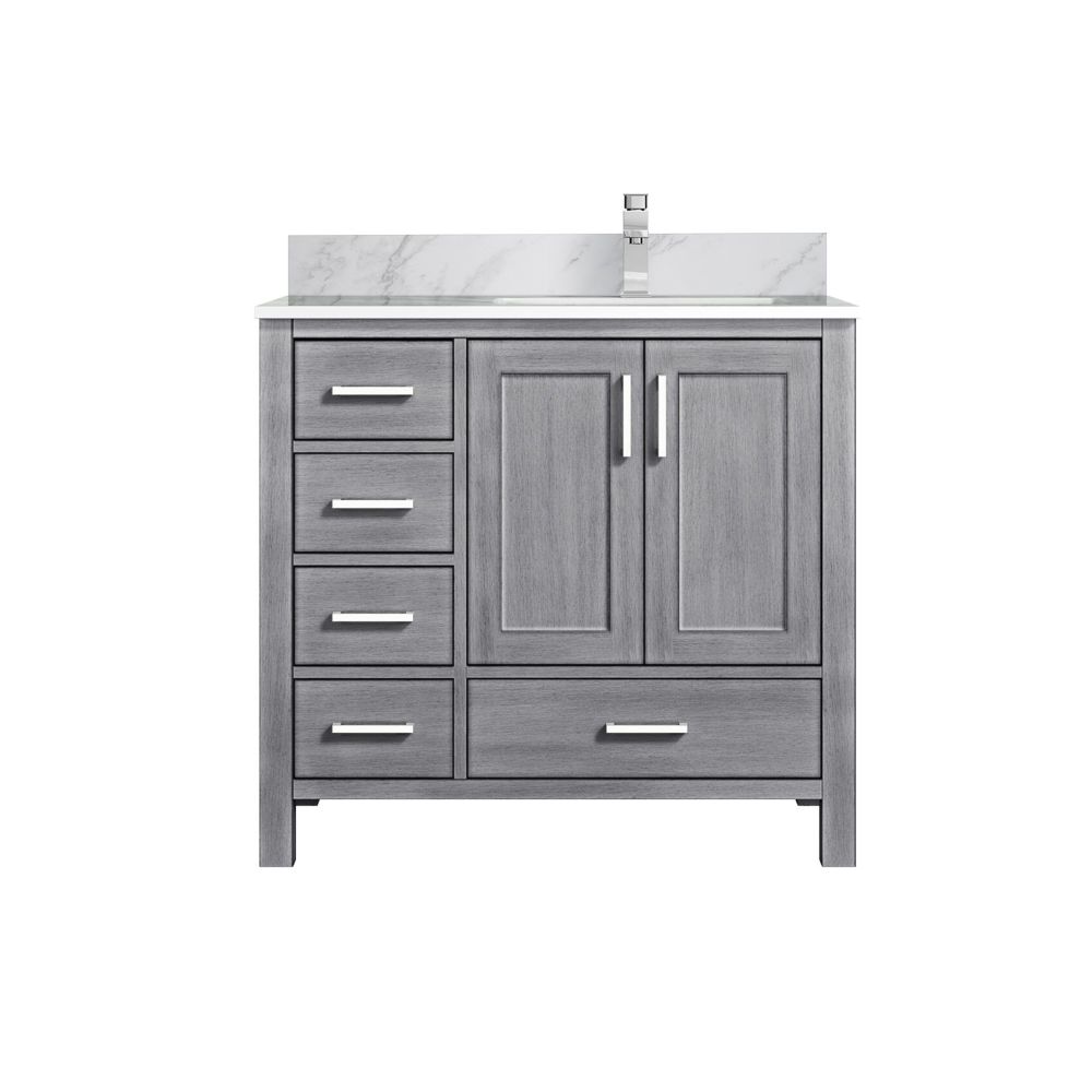 Jacques 36 in. W x 22 in. D Right Offset Distressed Grey Bath Vanity, Carrara Marble Top, and Faucet Set