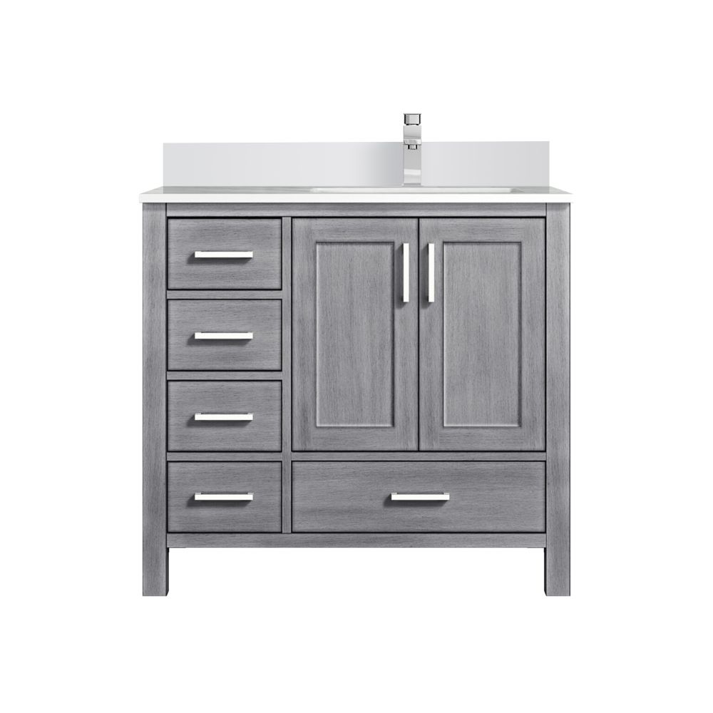 Jacques 36 in. W x 22 in. D Right Offset Distressed Grey Bath Vanity, White Quartz Top, and Faucet Set