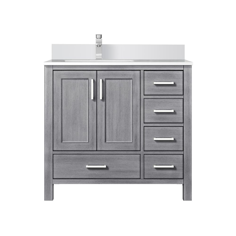 Jacques 36 in. W x 22 in. D Left Offset Distressed Grey Bath Vanity, Cultured Marble Top, and Faucet Set