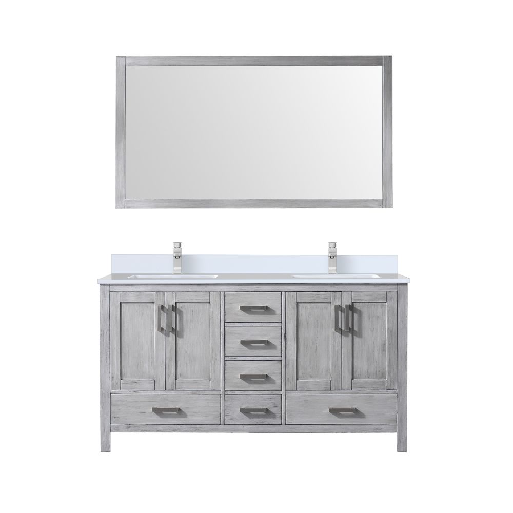 Jacques 60 in. W x 22 in. D Distressed Grey Bath Vanity, Cultured Marble Top, Faucet Set, and 58 in. Mirror