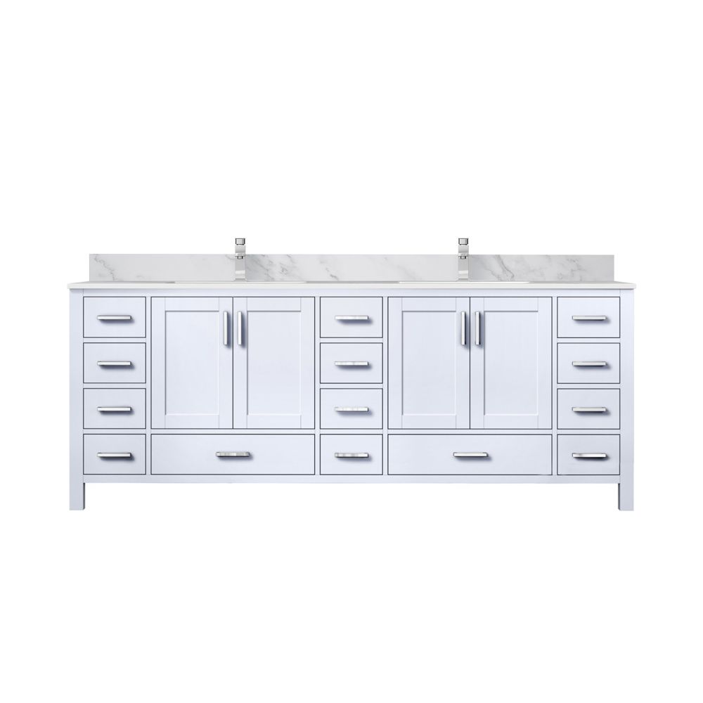 Jacques 84 in. W x 22 in. D White Double Bath Vanity, Carrara Marble Top, and Faucet Set