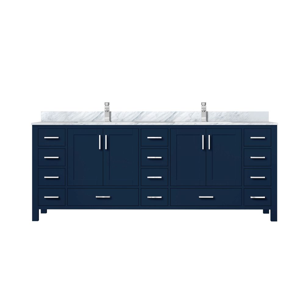 Jacques 84 in. W x 22 in. D Navy Blue Double Bath Vanity, Carrara Marble Top, and Faucet Set