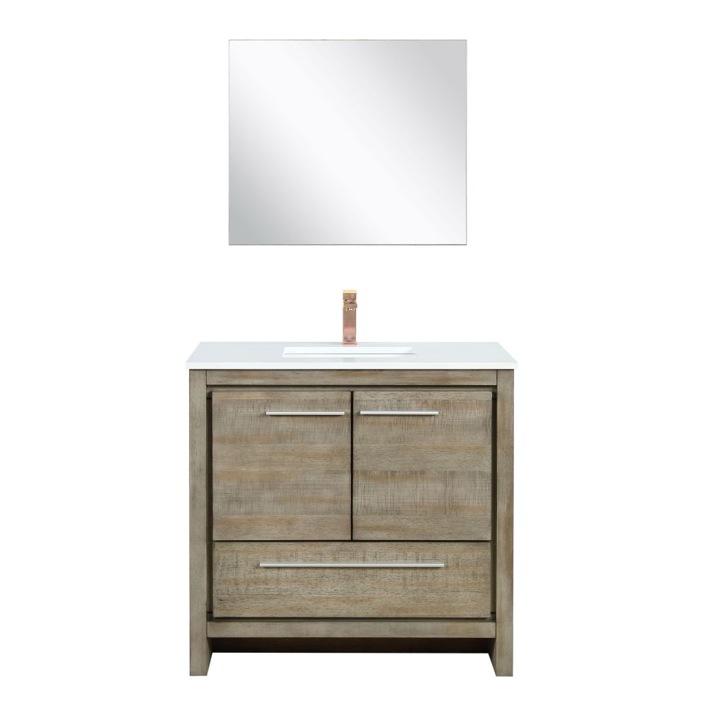 Lafarre 36 in W x 20 in. D Rustic Acacia Bath Vanity, White Quartz Top, Rose Gold Faucet Set and 28 in Mirror