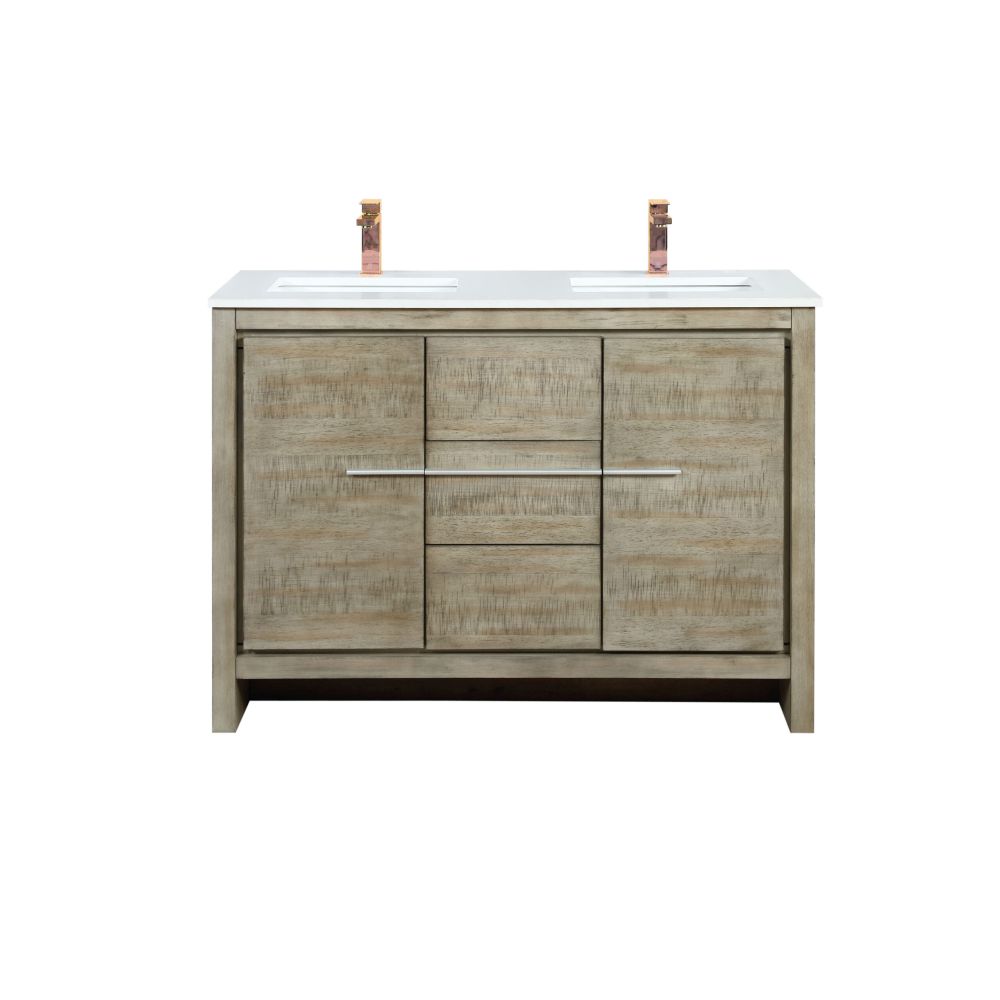 Lafarre 48 in W x 20 in. D Rustic Acacia Double Bath Vanity, White Quartz Top and Rose Gold Faucet Set