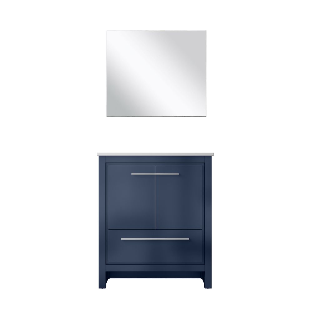 Lafarre 30 in W x 20 in. D Navy Blue Bath Vanity, White Quartz Top and 28 in Mirror