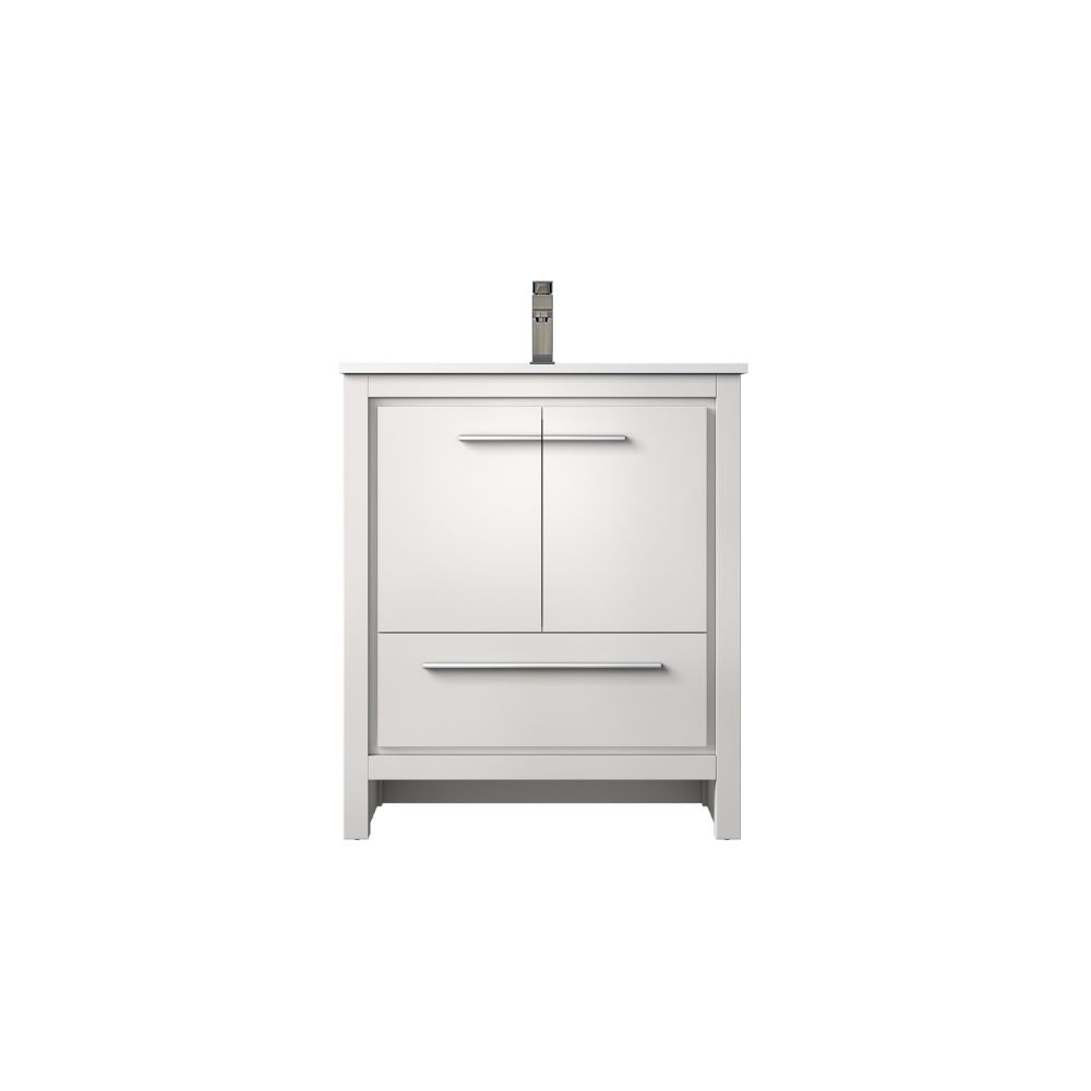 Lafarre 30 in W x 20 in. D White Bath Vanity, White Quartz Top and Gun Metal Faucet Set