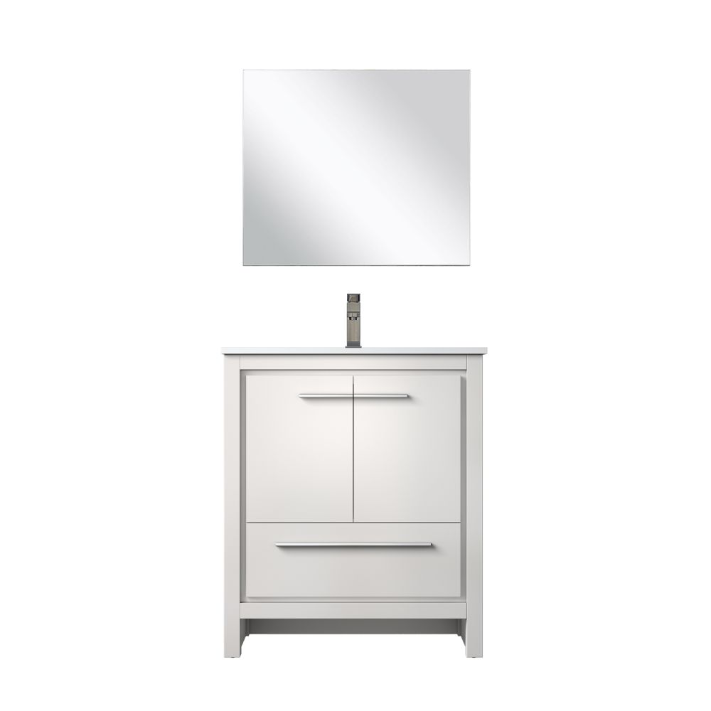 Lafarre 30 in W x 20 in. D White Bath Vanity, Cultured Marble Top, Chrome Faucet Set and 28 in Mirror