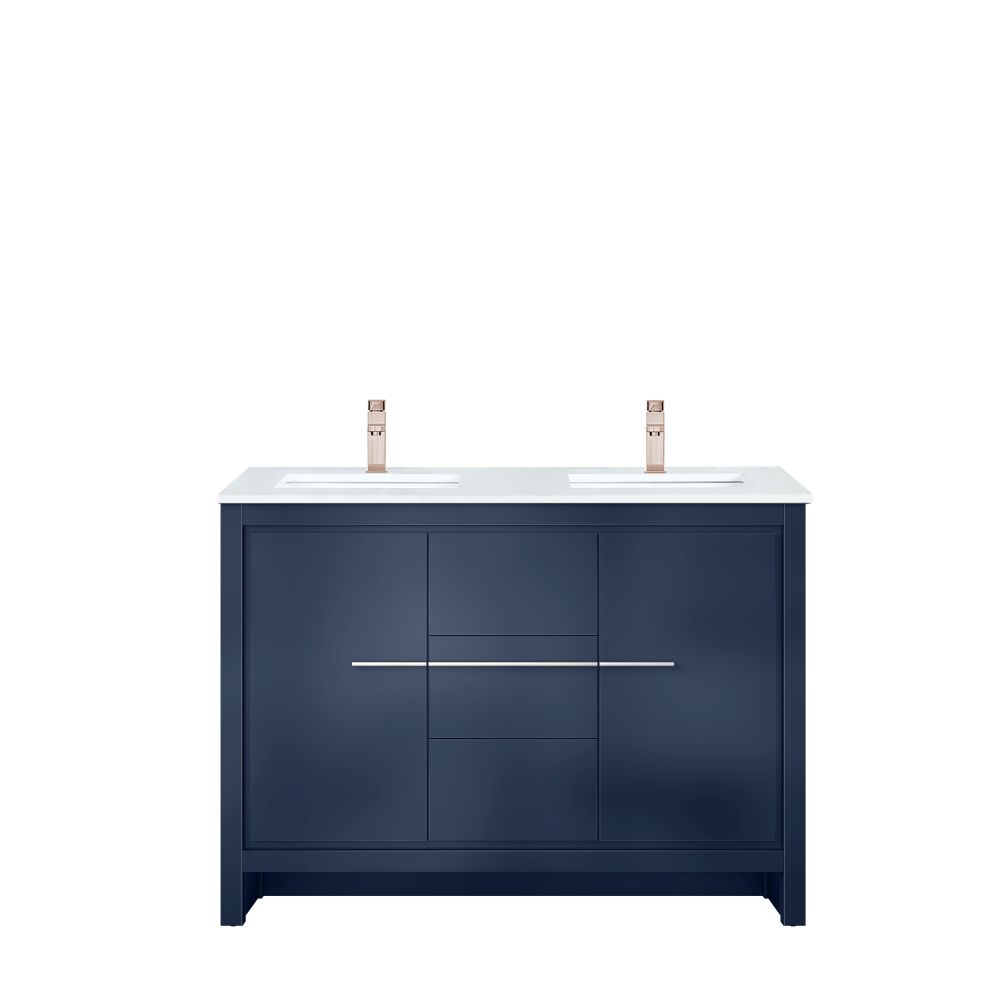 Lafarre 48 in W x 20 in. D Navy Blue Double Bath Vanity, White Quartz Top and Rose Gold Faucet Set