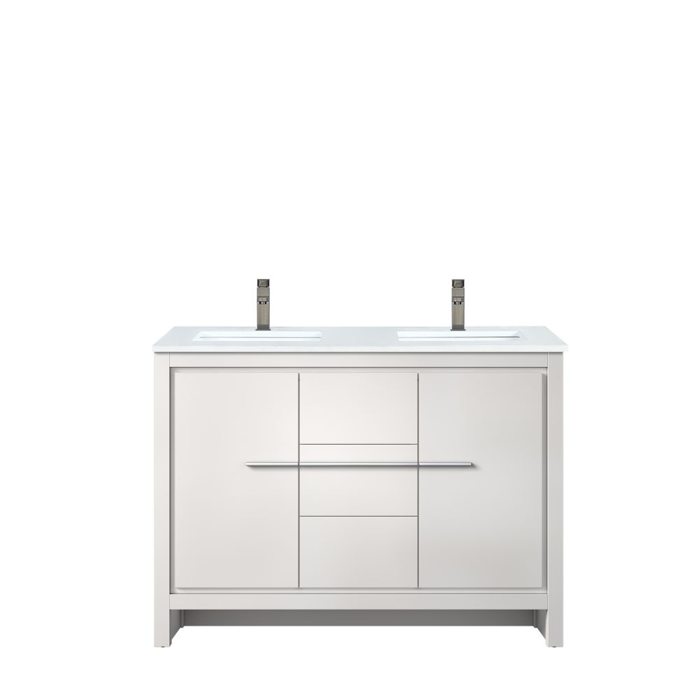 Lafarre 48 in W x 20 in. D White Double Bath Vanity, White Quartz Top and Gun Metal Faucet Set