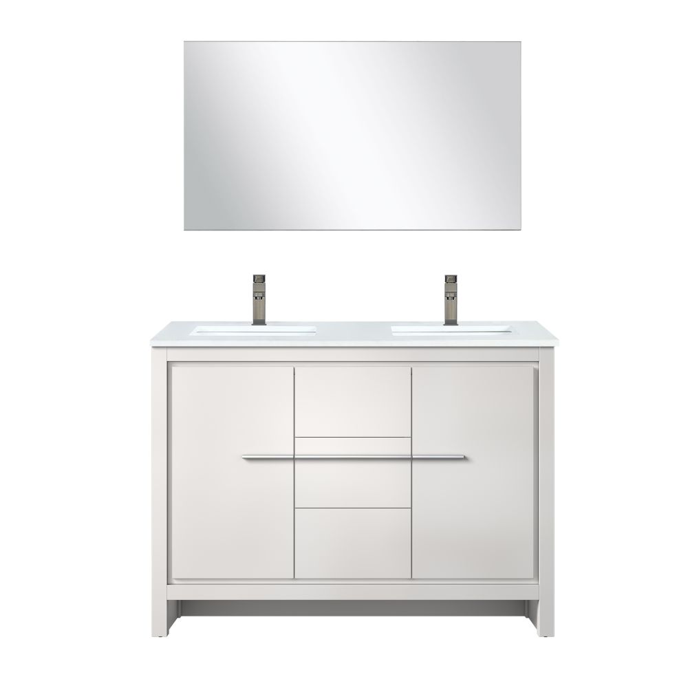 Lafarre 48 in W x 20 in. D White Double Bath Vanity, White Quartz Top, Chrome Faucet Set and 43 in Mirror