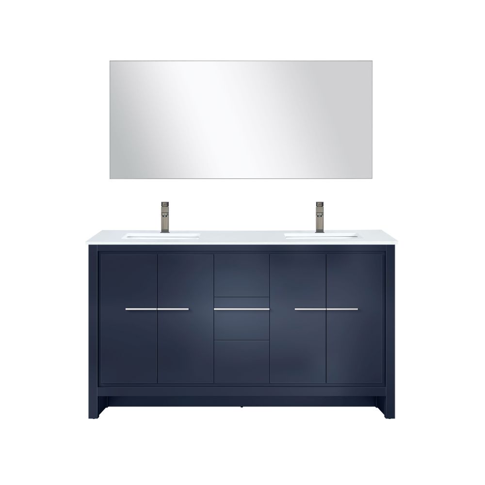 Lafarre 60 in W x 20 in. D Navy Blue Double Bath Vanity, White Quartz Top, Chrome Faucet Set and 55 in Mirror