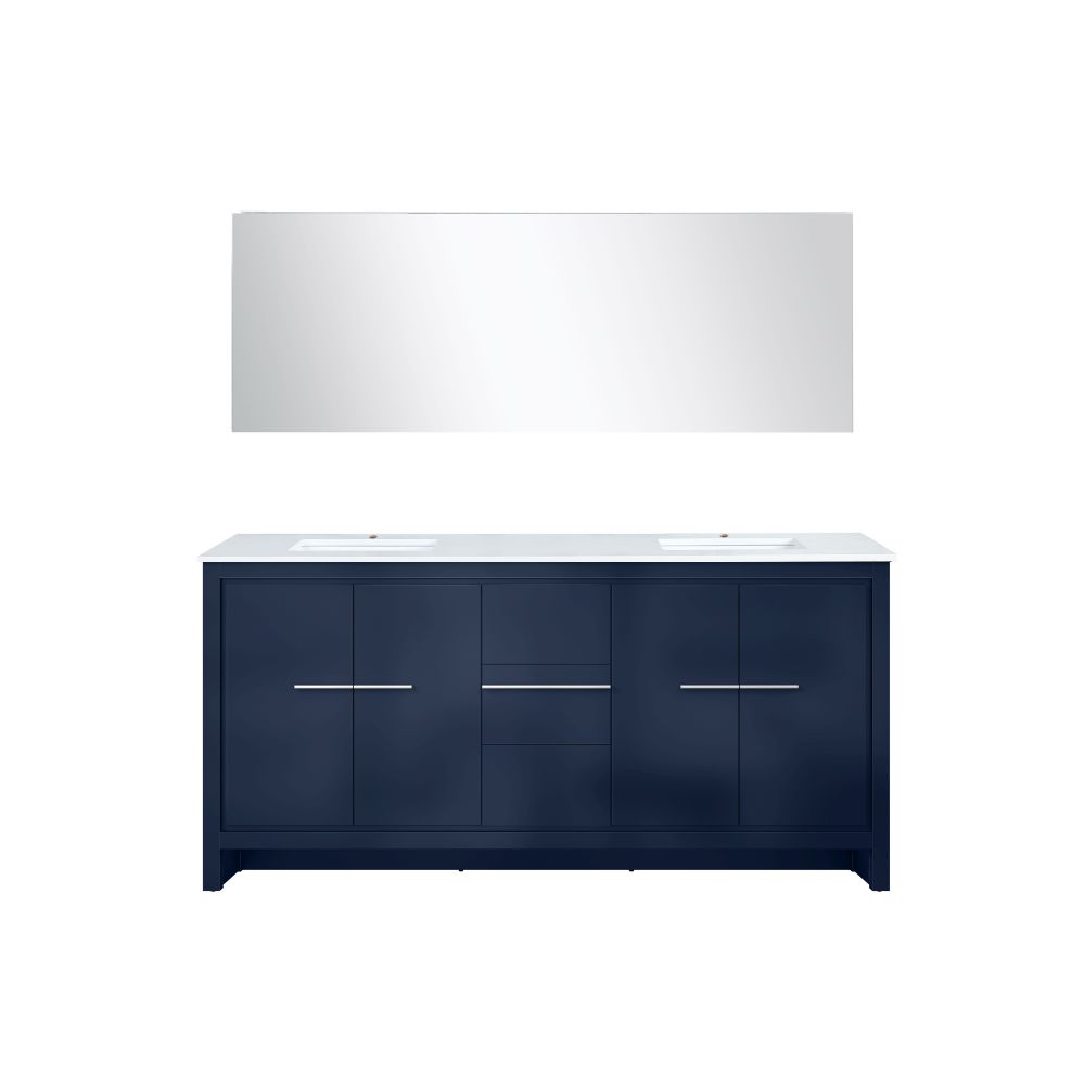 Lafarre 72 in W x 20 in. D Navy Blue Double Bath Vanity, White Quartz Top and 70 in Mirror