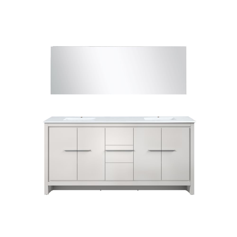 Lafarre 72 in W x 20 in. D White Double Bath Vanity, White Quartz Top and 70 in Mirror