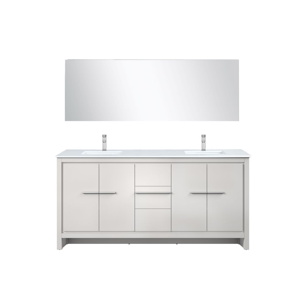 Lafarre 72 in W x 20 in. D White Double Bath Vanity, White Quartz Top, Gun Metal Faucet Set and 70 in Mirror
