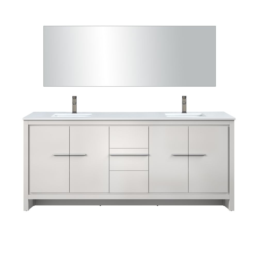 Lafarre 80 in W x 20 in. D White Double Bath Vanity, White Quartz Top, Chrome Faucet Set and 70 in Mirror