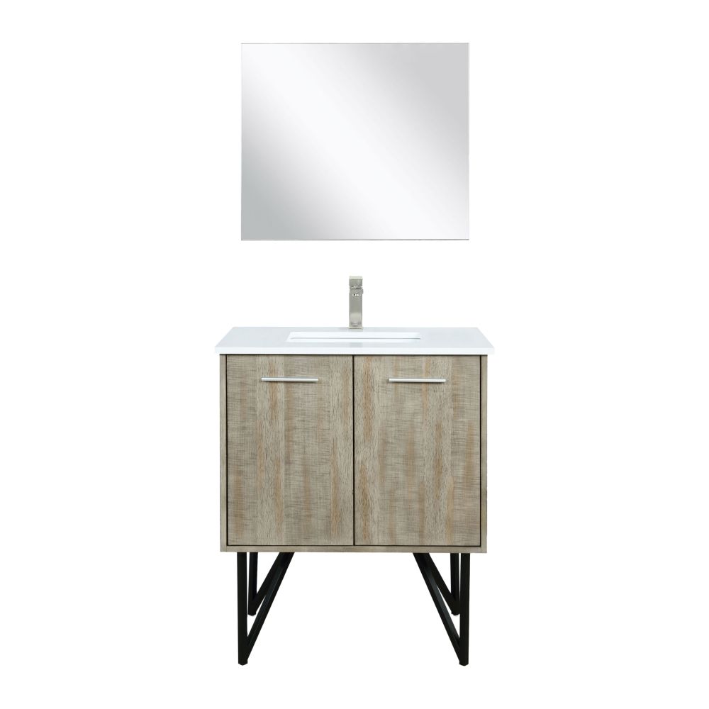 Lancy 30 in W x 20 in. D Rustic Acacia Bath Vanity, Cultured Marble Top, Brushed Nickel Faucet Set and 28 in Mirror
