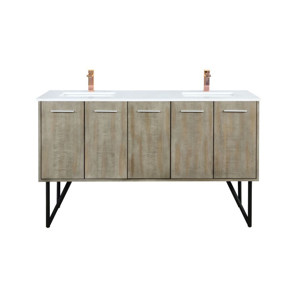 Lancy 60 in W x 20 in. D Rustic Acacia Double Bath Vanity, Cultured Marble Top and Rose Gold Faucet Set