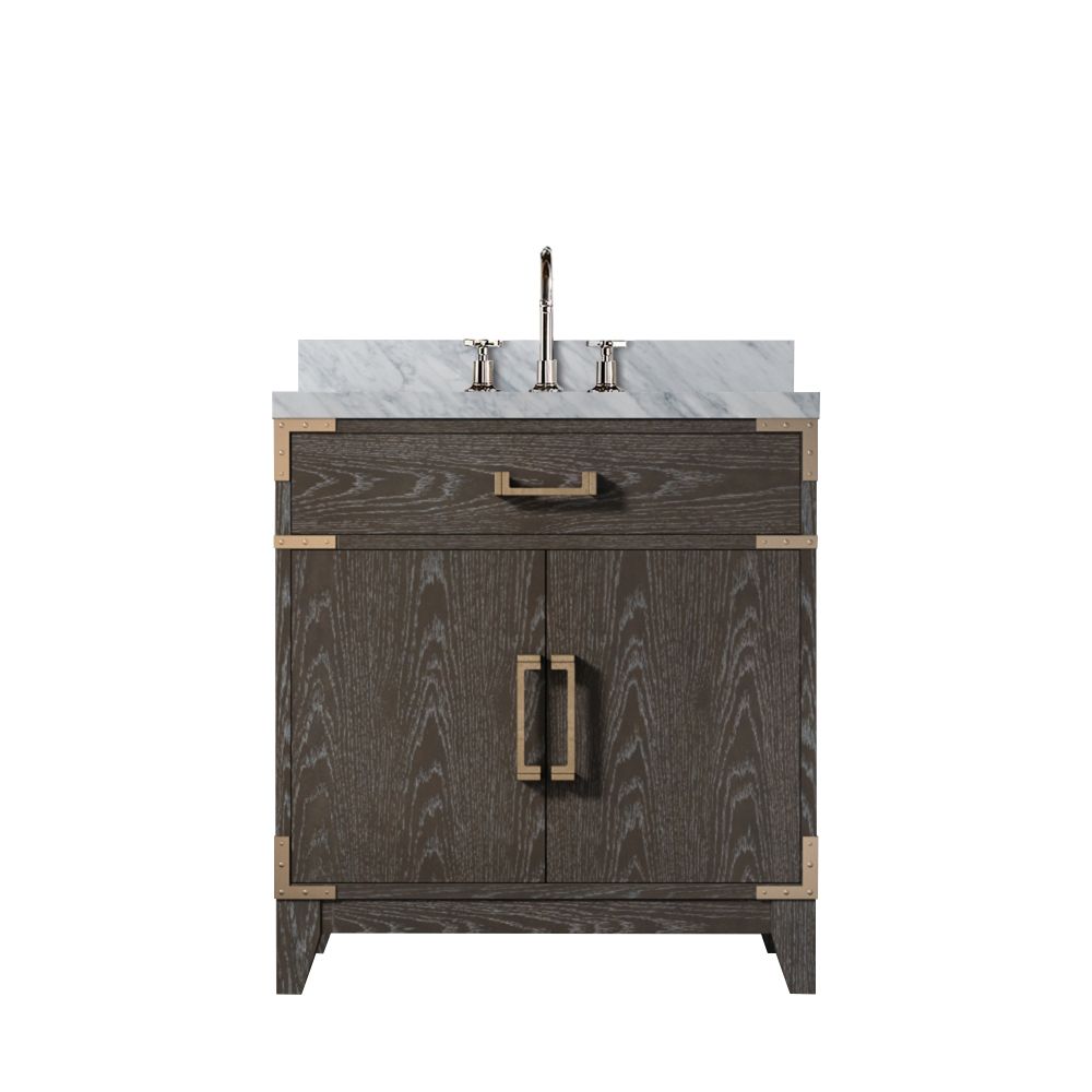 Laurel 30 in W x 22 in. D Brown Oak Single Bath Vanity, Carrara Marble Top, and Faucet Set
