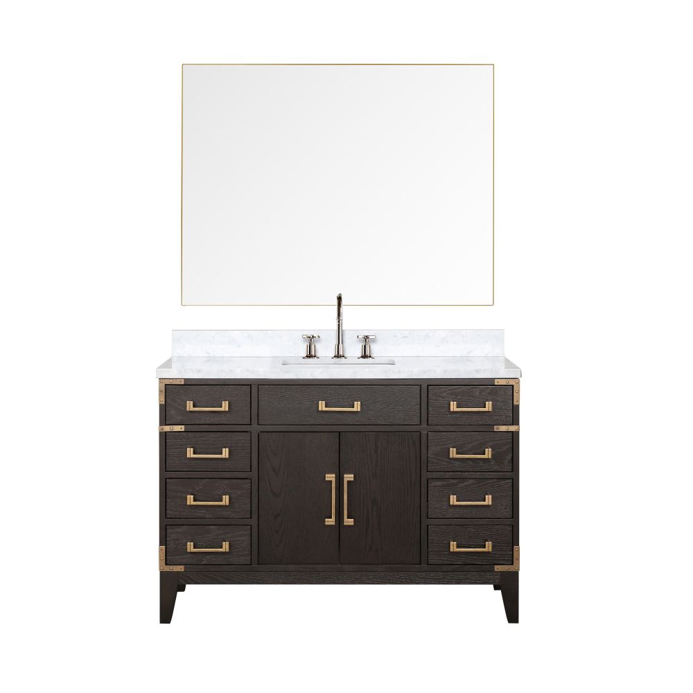Laurel 48 in W x 22 in. D Brown Oak Single Bath Vanity, Carrara Marble Top, Faucet Set, and 46 in Mirror