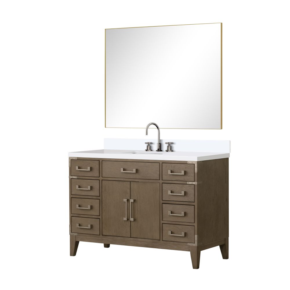 Laurel 48 in W x 22 in. D Grey Oak Single Bath Vanity, White Quartz Top, Faucet Set, and 46 in Mirror