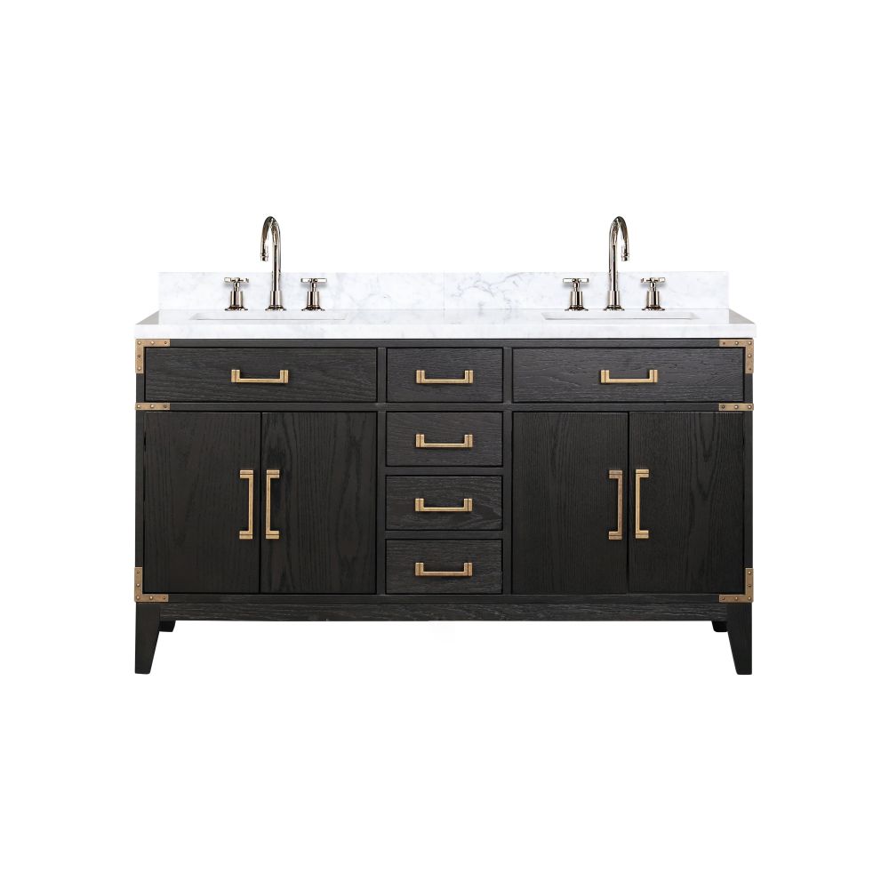 Laurel 60 in W x 22 in. D Black Oak Double Bath Vanity, Carrara Marble Top, and Faucet Set